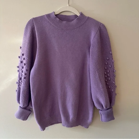 Vine & Love Purple Pom Pom Sleeve Sweater Large NWT Lavender Balloon Sleeve Knit - Picture 8 of 9